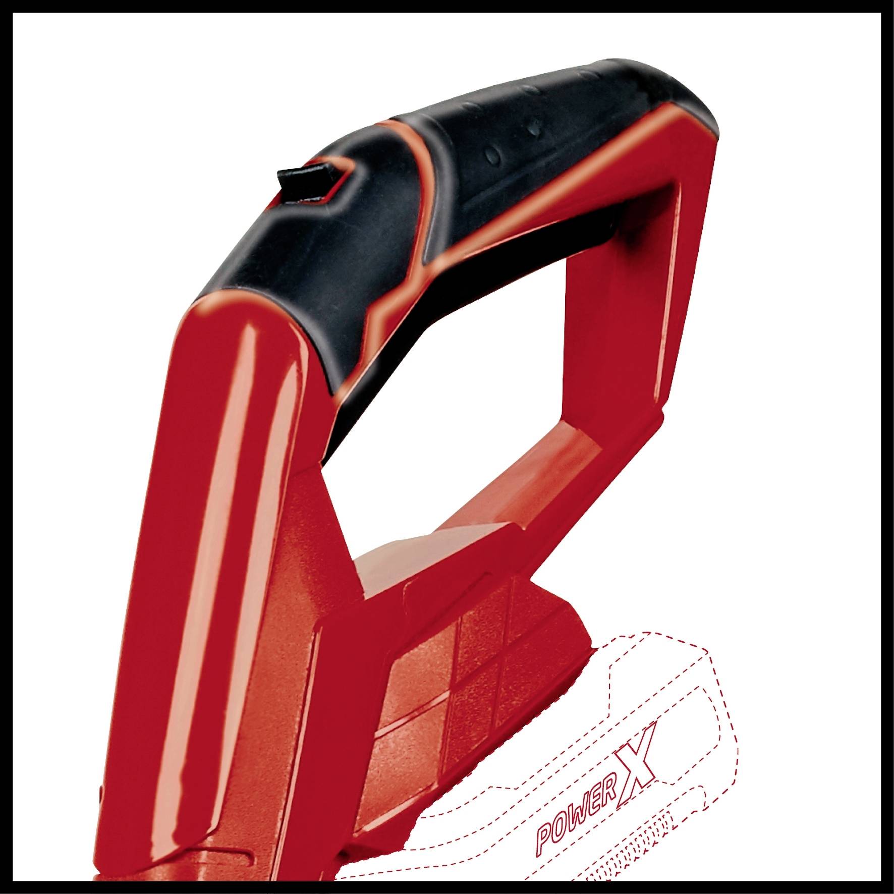 Ząbkowany uchwyt elementu elektronarzędzia w kolorach czerwonym i czarnym, oznaczony napisem 'POWER X'.