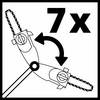 Ilustracja przedstawia piłę łańcuchową z dwoma pozycjami oraz podwójną strzałką między nimi. Obok widnieje napis '7x', co wskazuje na siedem możliwych ustawień.
