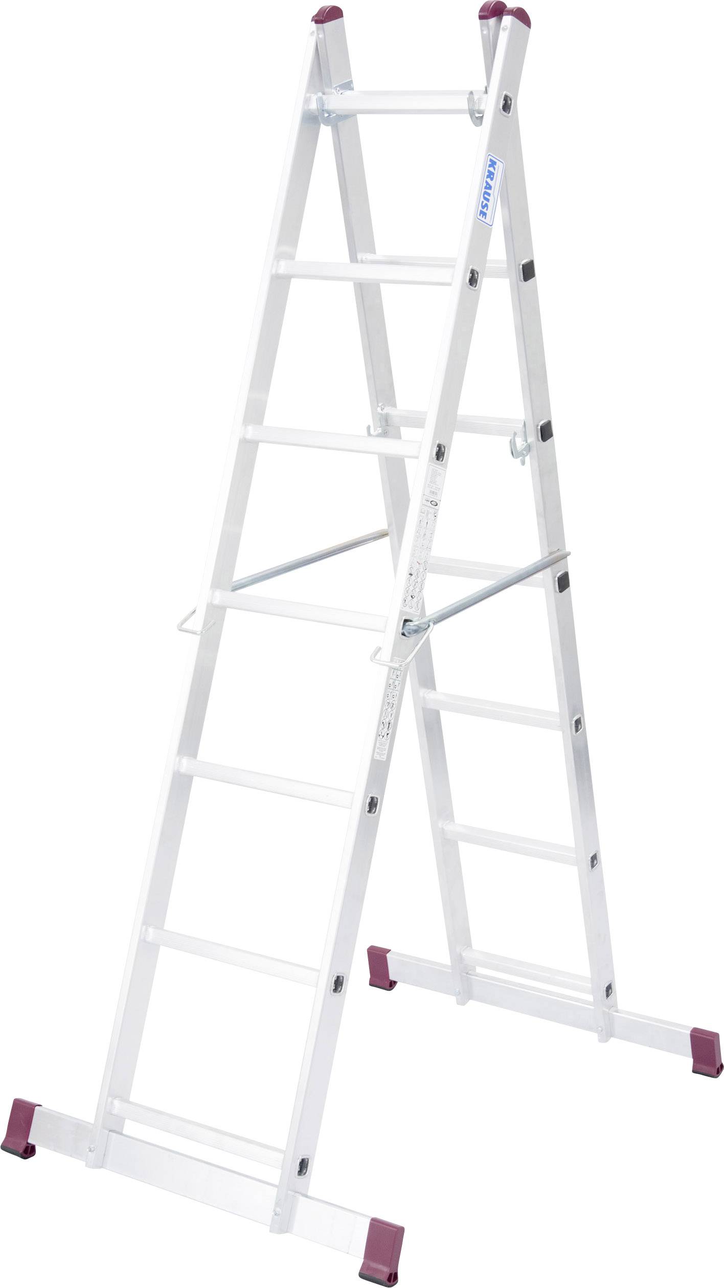 Biała drabina składana z czerwonymi antypoślizgowymi stopkami, rozłożona, nadająca się do użytku wewnątrz i na zewnątrz, zapewnia bezpieczną stabilność.