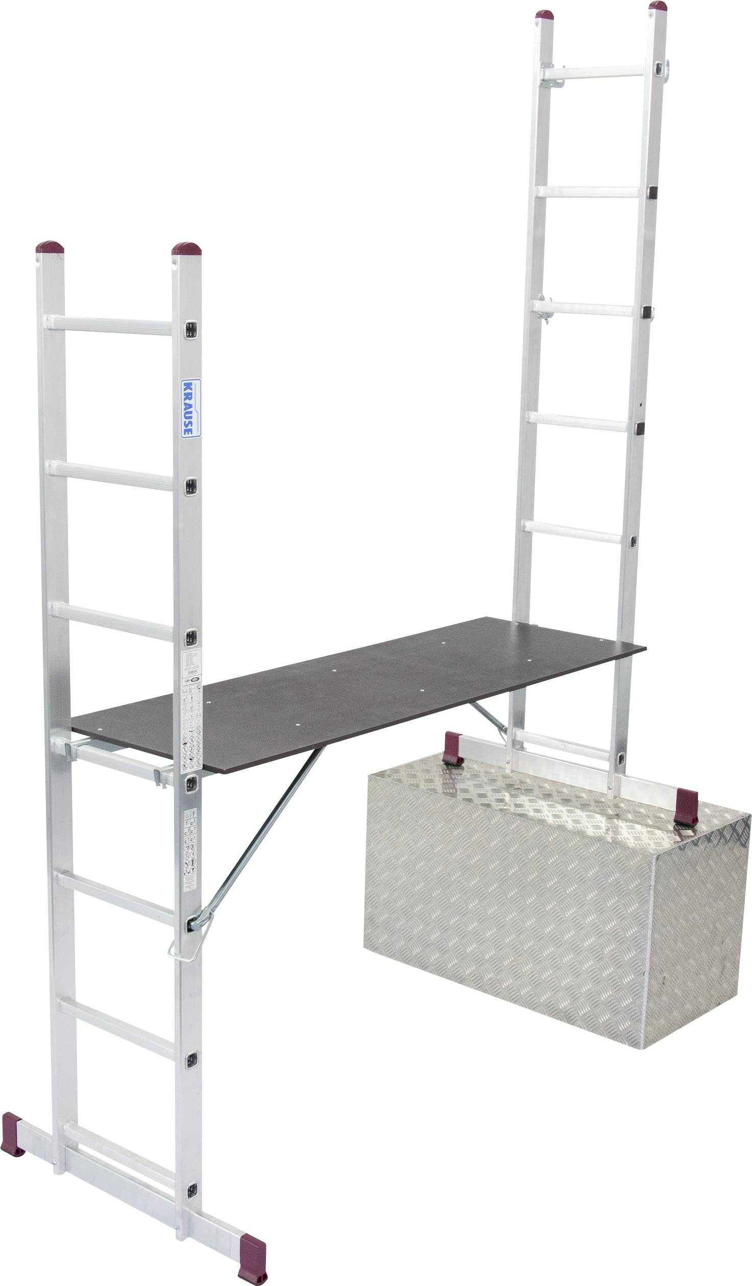 Rusztowanie aluminiowe z dwoma drabinami, tworzące stabilną platformę, odpowiednie do prac na wysokości. Obok stoi metalowa skrzynia.