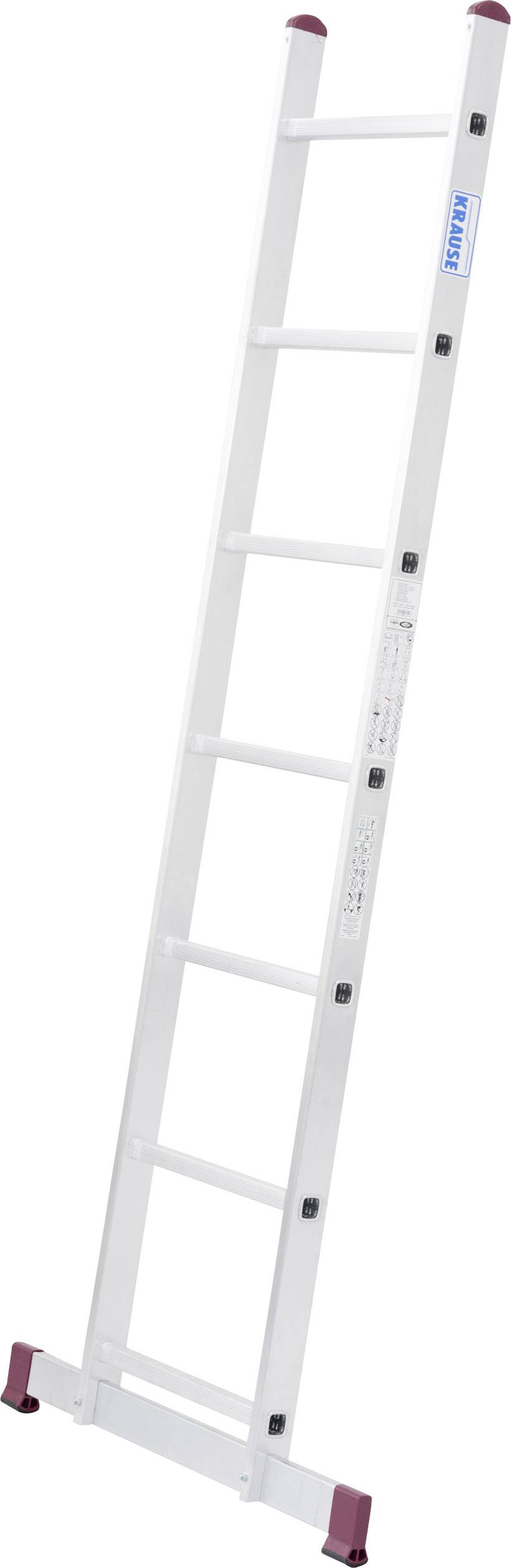 Biała drabina przystawna z dziewięcioma szczeblami, czerwonymi stopkami oraz informacjami bezpieczeństwa na boku. Odpowiednia do prac majsterkowiczów.