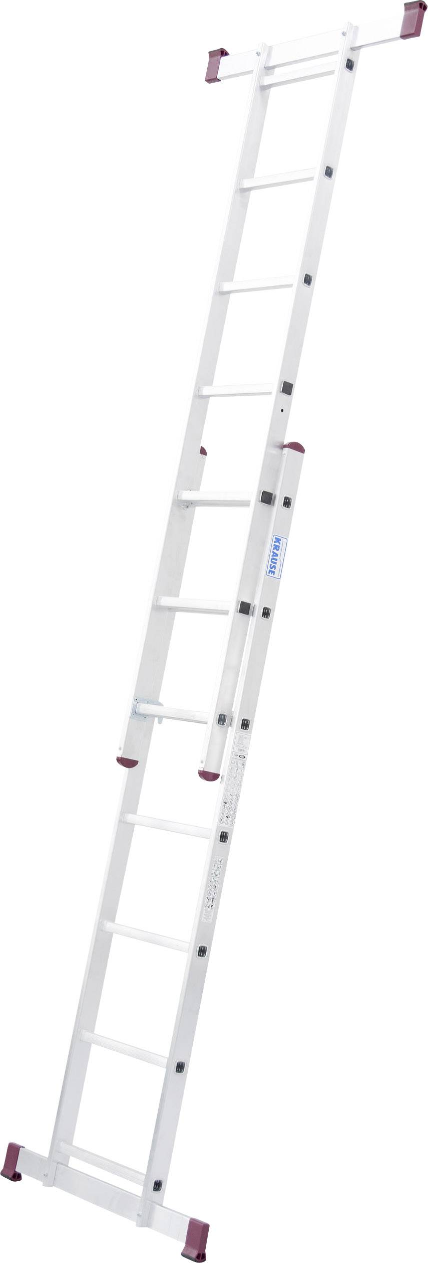 Biała, rozsuwana drabina aluminiowa z czerwonymi nasadkami na końcach, nachylona do góry. Nadaje się do prac na dużych wysokościach.
