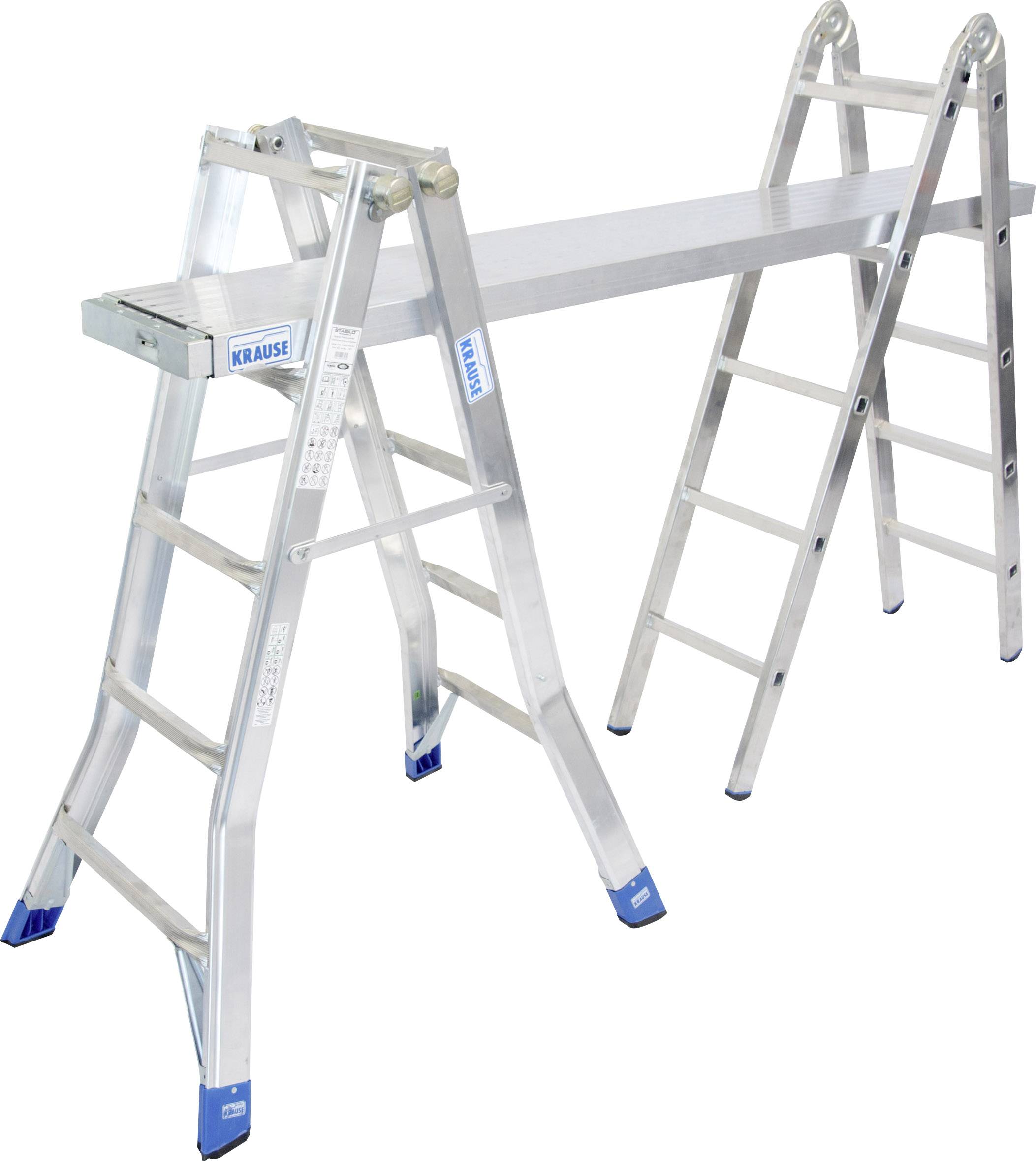 'Drabina aluminiowa z niebieskimi stopkami, ustawiona w stabilnej pozycji, odpowiednia do prac na wysokości oraz montażowych.'