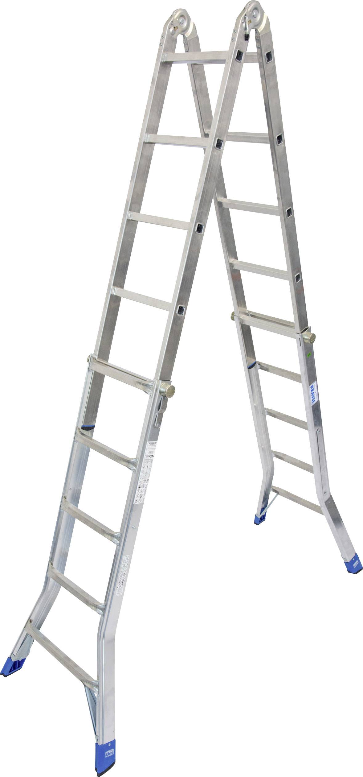 Podwójna drabina aluminiowa z niebieskimi antypoślizgowymi nakładkami, rozłożona i gotowa do użycia.