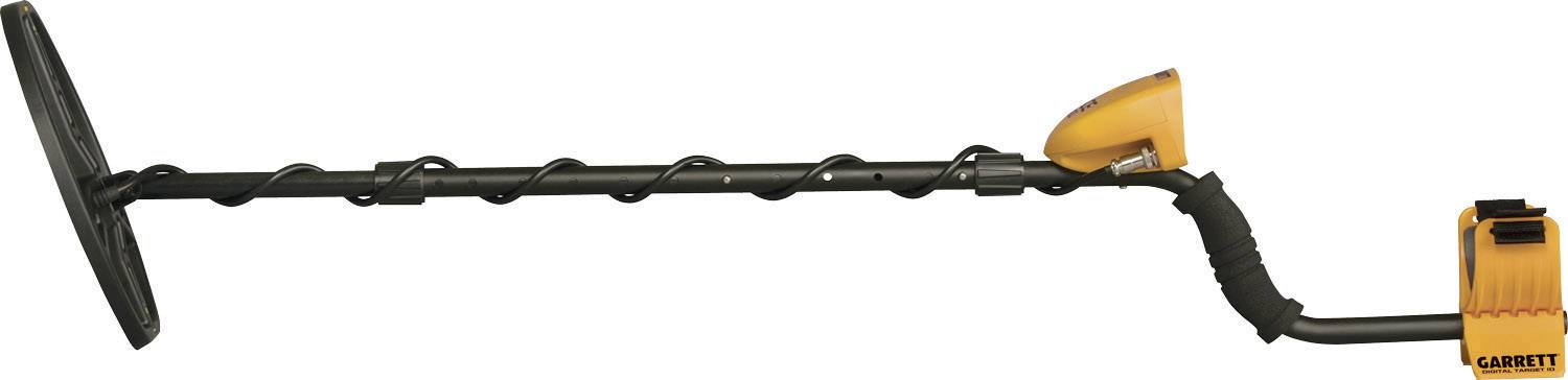 Czarny metalowy detector z pomarańczowym panelem sterowania, spiralnie wygiętą rączką, długą żerdzią i płaską głowicą czujnika.