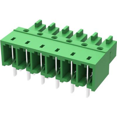 Zielony elektryczny złącze z sześcioma pinami, stojący pionowo. Odpowiedni do montażu na płytce drukowanej w urządzeniach elektronicznych.