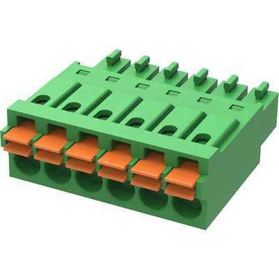 Zielony elektryczny złącz z sześcioma stykami, częściowo pomarańczowy. Profesjonalnie przystosowany do użycia w obwodach elektrycznych.