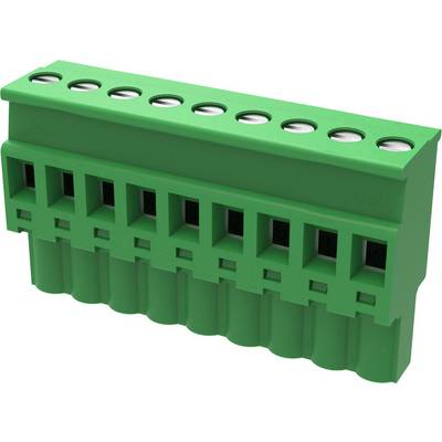 Zielona elektryczna listwa zaciskowa z ośmioma złączami, z otworami u góry do montażu kabli, odpowiednia do łączenia przewodów.