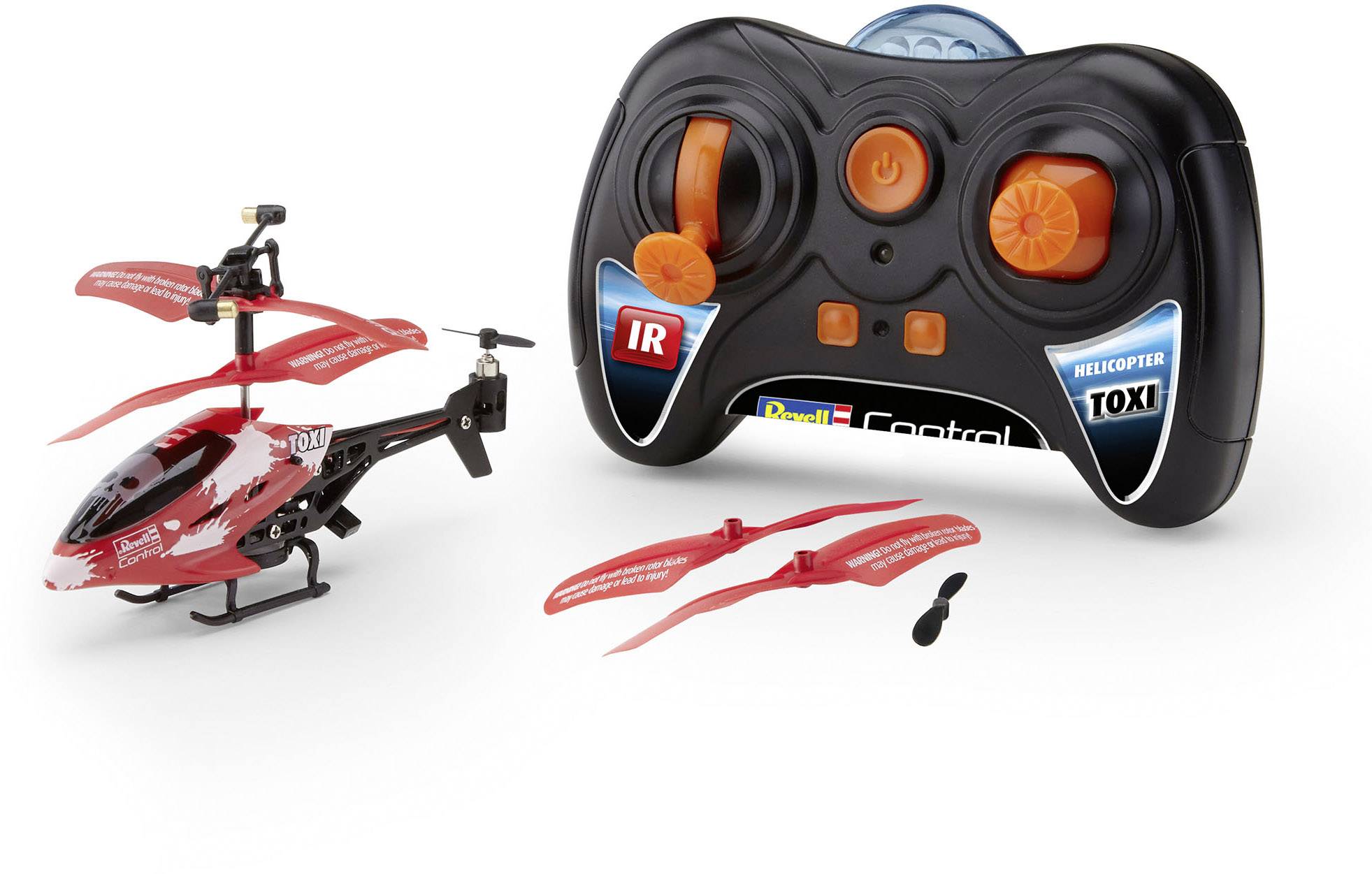 Zdalnie sterowany helikopter zabawkowy. Helikopter jest czerwony z czarnymi detalami. Przedstawiono dwa zapasowe rotory oraz jedną część zamienną.