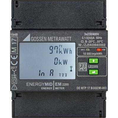 Licznik energii elektrycznej wskazuje '97 kWh' zużytej energii oraz '0 kW' aktualnej mocy. Wyświetlacz z przyciskami i kodem QR widoczny.