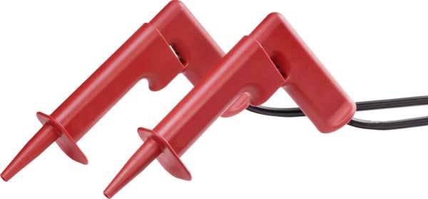Dwie czerwone sondy pomiarowe połączone w jednym przewodzie, używane do testowania obwodów elektrycznych.