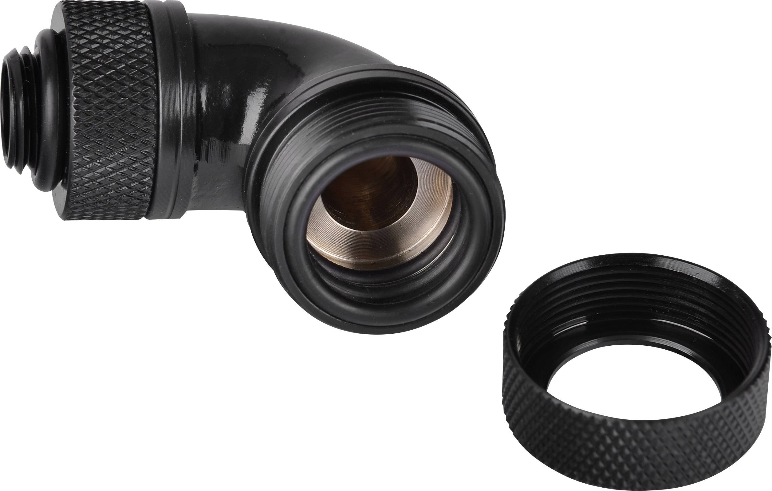 Czarny, kątowy łącznik rurowy wykonany z metalu z zdejmowalną nakrętką, odpowiedni do przewodów cieczowych.