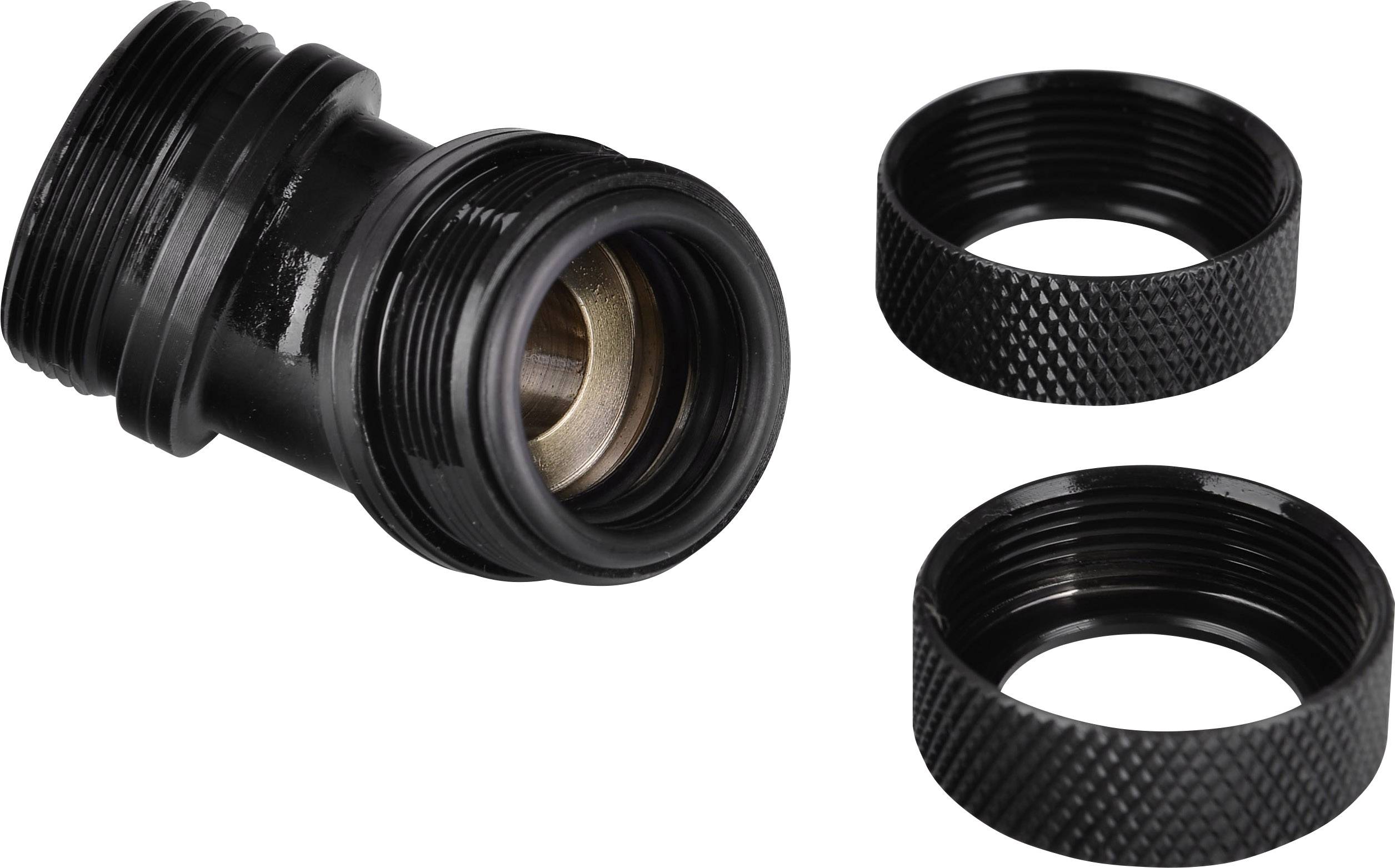 Czarny metalowy adapter z dwoma zdejmowanymi pierścieniami, odpowiedni do zastosowań łączeniowych w technice.