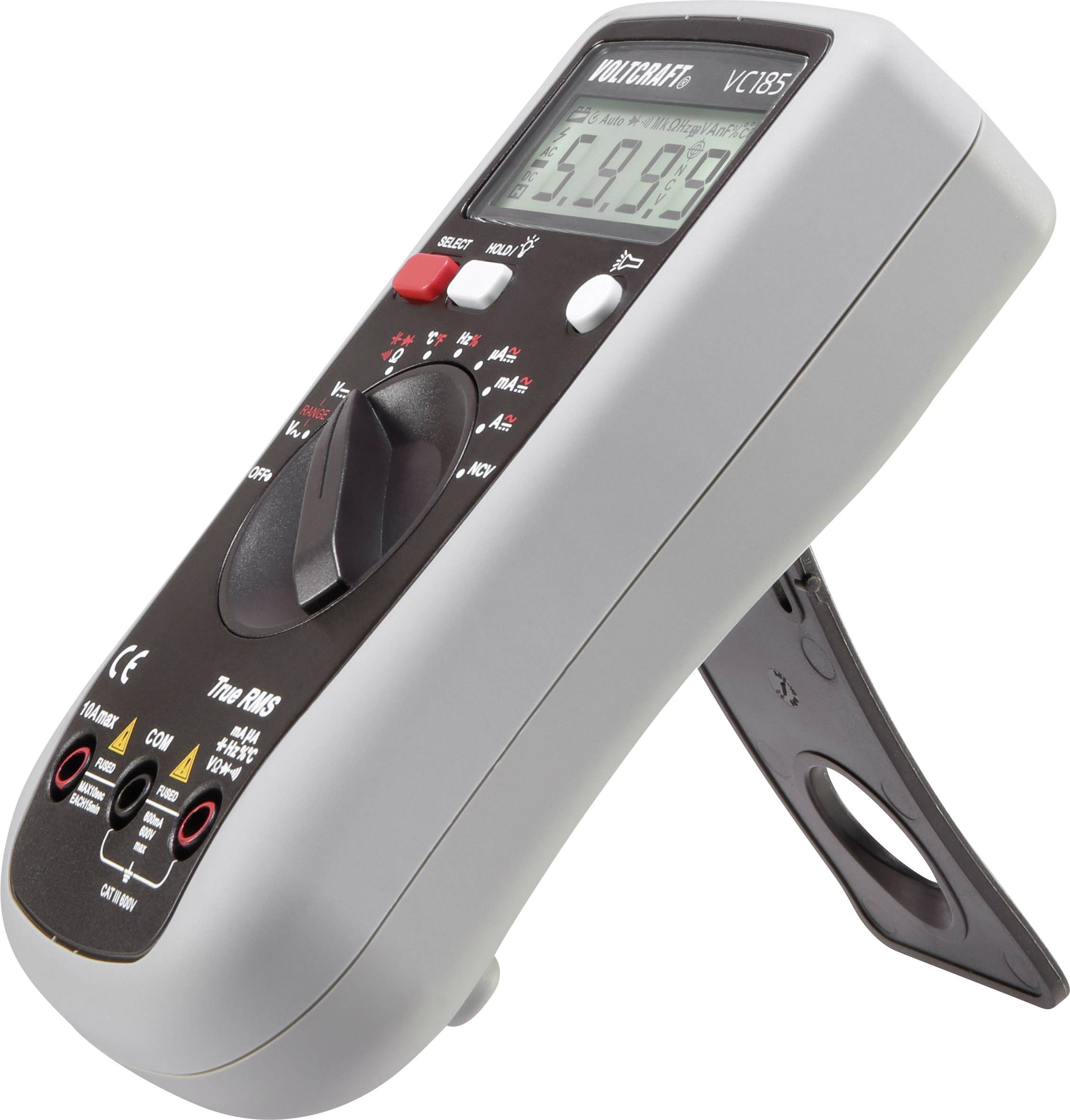 Cyfrowy multimetr umieszczony na statywie wyświetla '5999' na wyświetlaczu, służąc do pomiaru napięcia lub rezystancji.