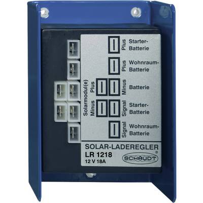 Regulator ładowania solarnego LR 1218, 12V 18A, Schaudt z przyłączami do modułów solarnych, akumulatora rozruchowego i akumulatora mieszkalnego.