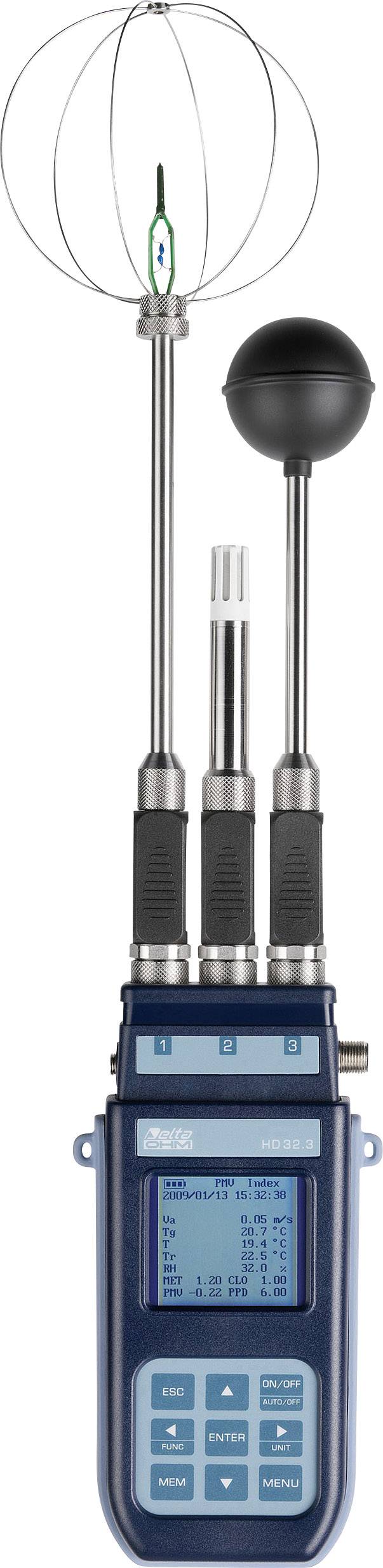 Przenośne urządzenie pomiarowe z elektronicznym wyświetlaczem i trzema czujnikami, w tym kulowym termometrem. Służy do pomiaru warunków środowiskowych.