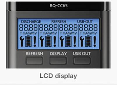 Wyświetlacz ładowarki akumulatorów z opcjami 'Rozładowanie', 'Aktualizacja' i 'WYJŚCIE USB'. Każdy tryb wyświetla symbole i czas.
