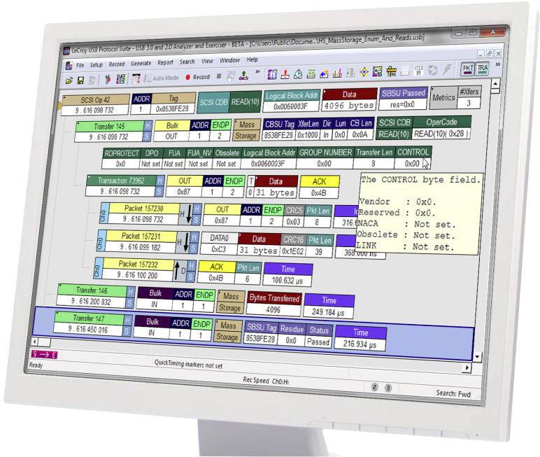 Ekran komputera wyświetla kolorowy diagram analizy protokołu USB, prezentujący przegląd różnych pól kodu i danych.