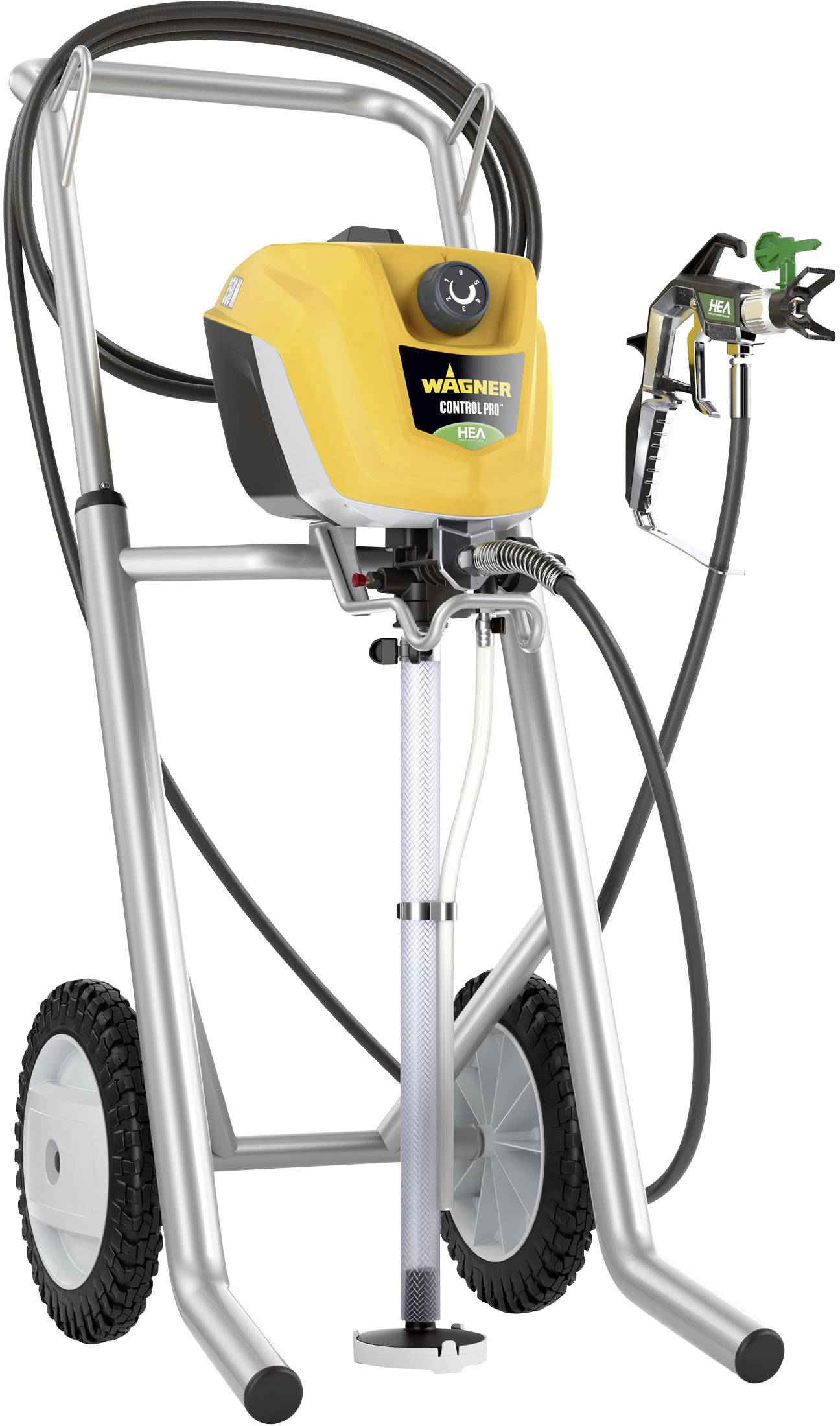 System natryskowy do malowania z żółtą obudową na mobilnym stelażu. Wyposażony w wąż i pistolet natryskowy. Odpowiedni do malowania dużych powierzchni.