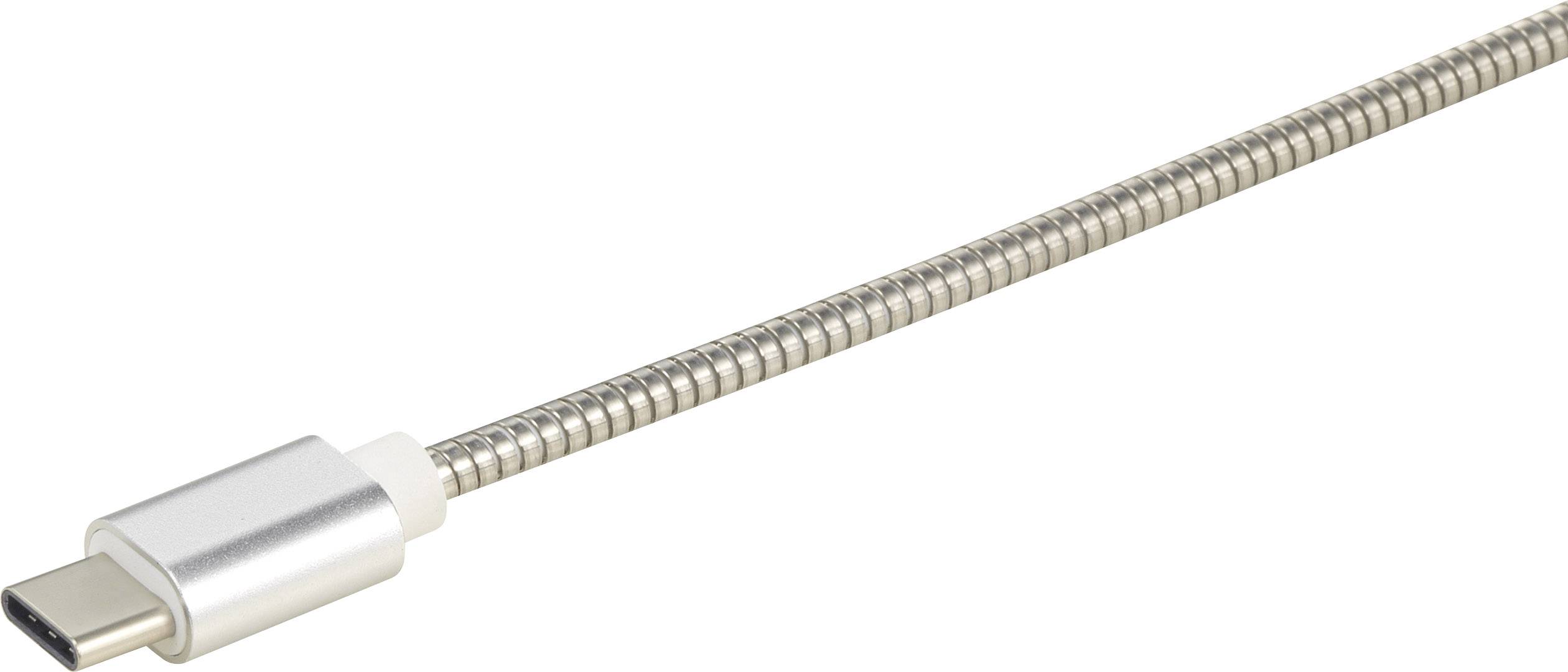 Kabel USB-C o srebrnym, plecionym wzorze.