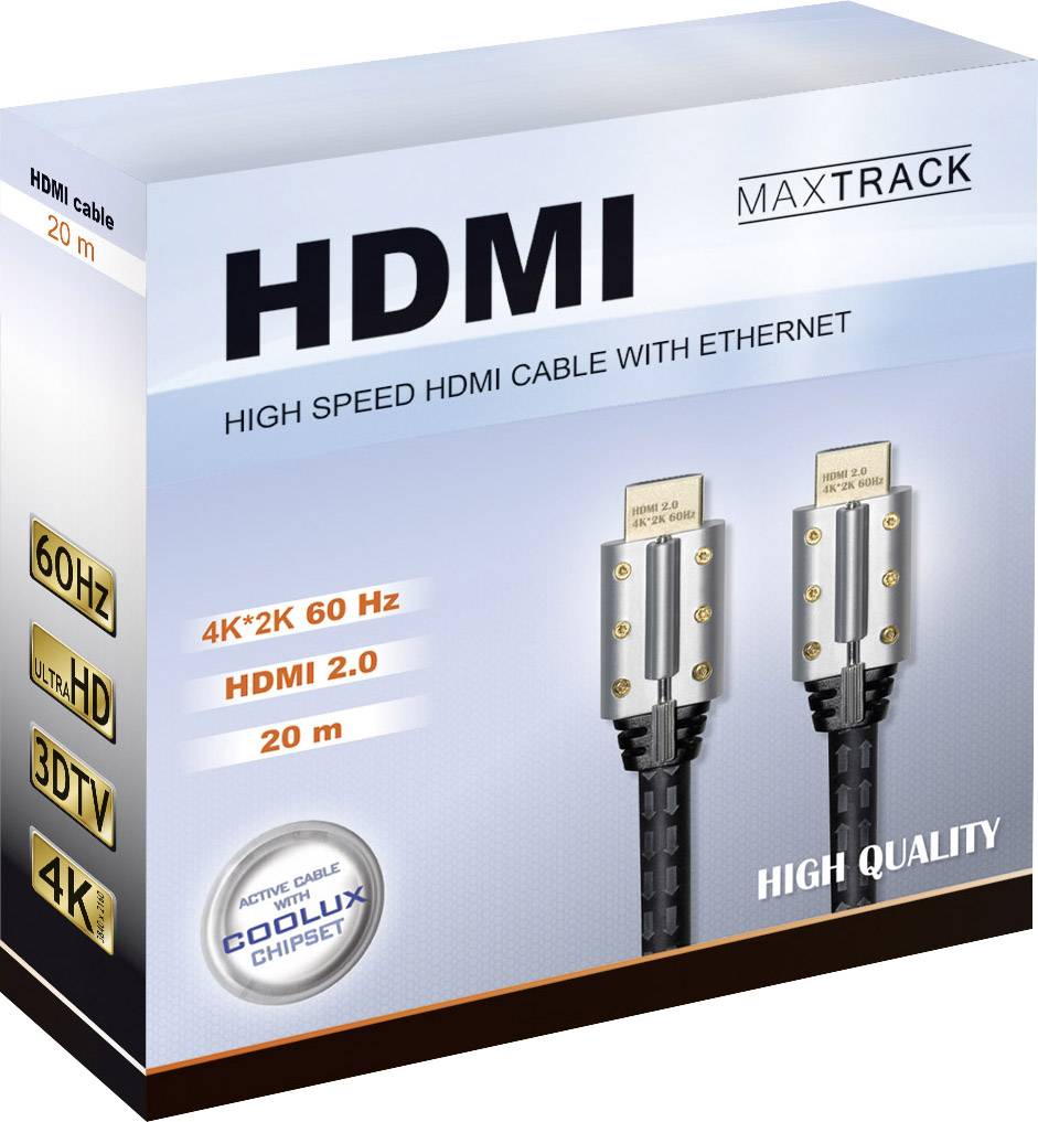 Kabel HDMI marki Maxtrack, długość 20 m, HDMI 2.0, obsługa 4K przy 60 Hz, 3DTV i Ethernet. Gwarantowana wysoka jakość.