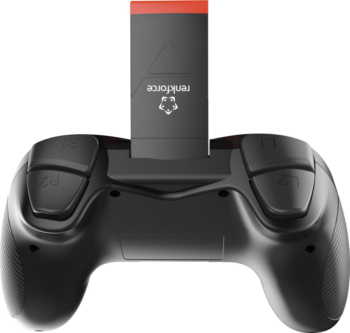 Czarny kontroler do gier z podłączonym na górnej powierzchni doングlem USB. Dongle posiada logo i czerwone oznaczenie.