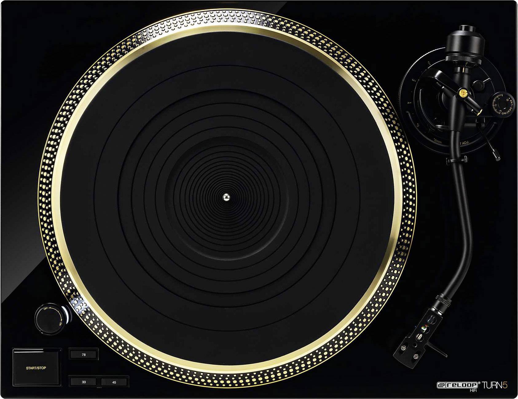 Czarny gramofon ze złotymi detalami na talerzu, ramieniem gramofonowym umieszczonym po prawej stronie.