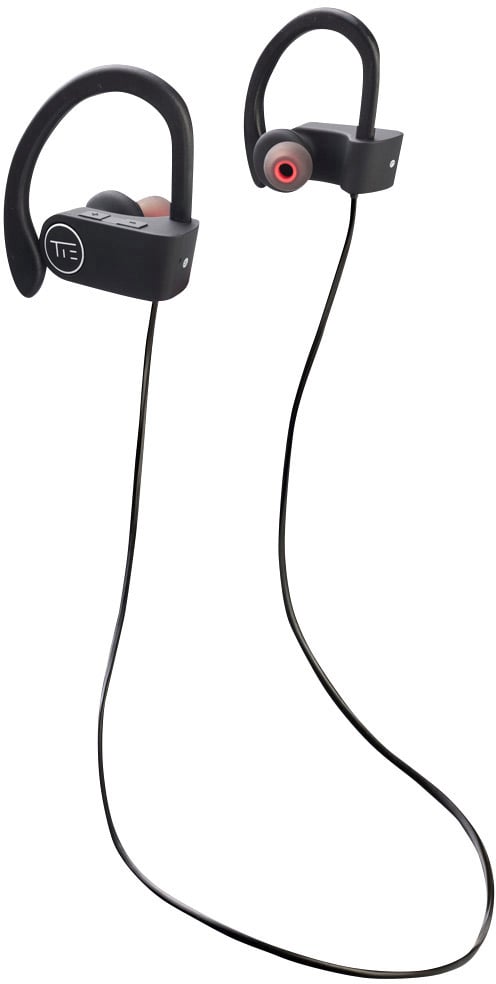 Bezprzewodowe słuchawki douszne z pałąkiem nausznym i przewodem łączącym, zaprojektowane z myślą o pewnym trzymaniu się i wygodnym dopasowaniu podczas uprawiania sportu.