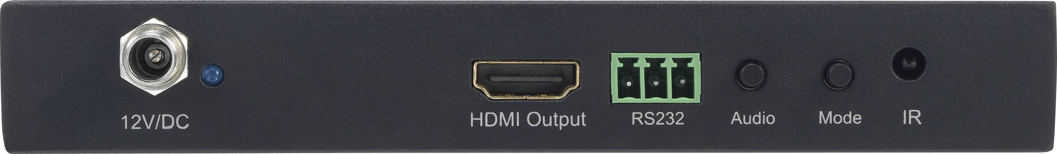 Tylna strona urządzenia elektronicznego z gniazdami: 12VDC, wyjście HDMI, RS232, Audio, Mode i IR.