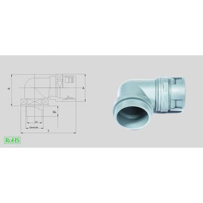 Certyfikowany pod kątem RoHS plastikowy adapter kątowy obok rysunku technicznego z wymiarami 'H', 'A', 'L', 'GL'; prezentuje szczegóły produktu.