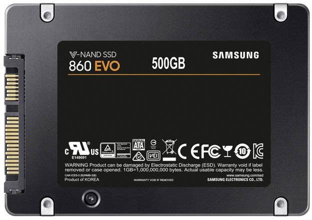 'Dysk SSD 860 EVO firmy Samsung o pojemności 500 GB z technologią V-NAND' z towarzyszącymi symbolami technicznymi i ostrzeżeniami dotyczącymi wyładowań elektrostatycznych.