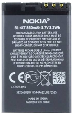 Akumulator litowo-jonowy z logo Nokia, model BL-4CT, 860mAh, 3,7V. Ostrzeżenia bezpieczeństwa i instrukcje obsługi w języku angielskim i francuskim.