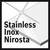 Biała powierzchnia ze stali nierdzewnej z napisem 'Stainless Inox Nirosta' czarną czcionką.