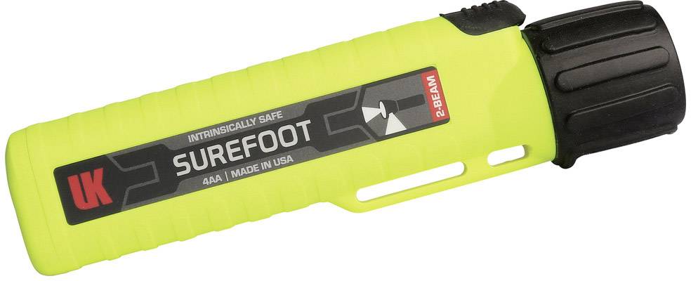 Żółta latarka z czarnym uchwytem. Napis: 'UK Surefoot, Iskrobezpieczna, 2 wiązki świetlne, 4 baterie AA, Wyprodukowane w USA'.
