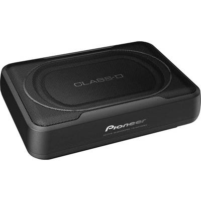 Subwoofer marki Pioneer w prostokątnej, czarnej obudowie z osłoną sieciową. Przeznaczony do poprawy jakości dźwięku w pojazdach.
