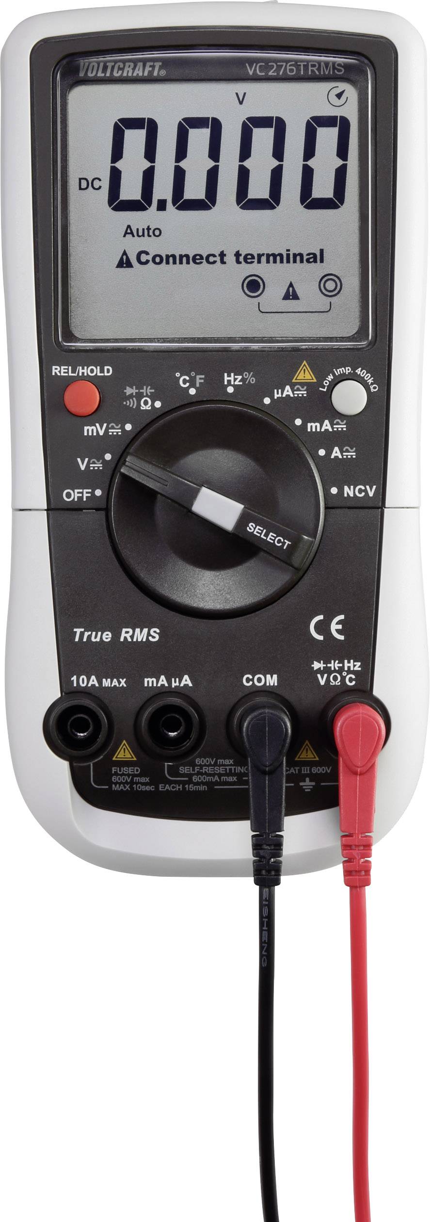 Cyfrowy multimetr z wyświetlaczem wskazującym '0,000' V oraz zaciskami połączeniowymi. Posiada różne funkcje pomiarowe i gniazda przyłączeniowe.