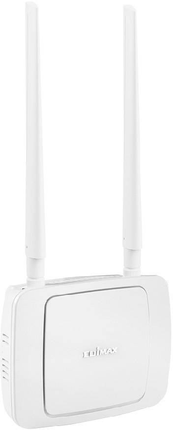 Biały router Wi-Fi z dwoma antenami, na przedniej stronie widnieje napis 'EDIMAX'.