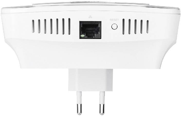 Wzmacniacz sieci Wi-Fi z wtyczką europejską, portem Ethernet i przyciskiem resetowania, przeznaczony do wzmacniania sygnału wewnątrz budynków.