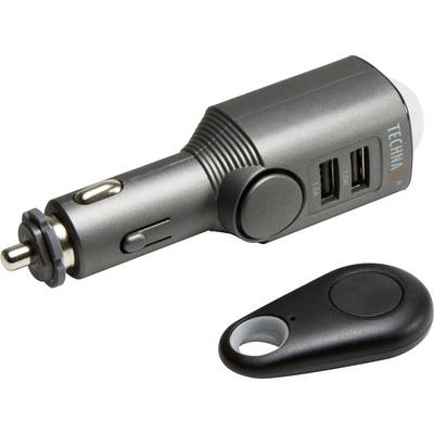 Czarny ładowarka samochodowa USB z dwoma portami USB obok małego, okrągłego, czarnego urządzenia z przyciskiem.