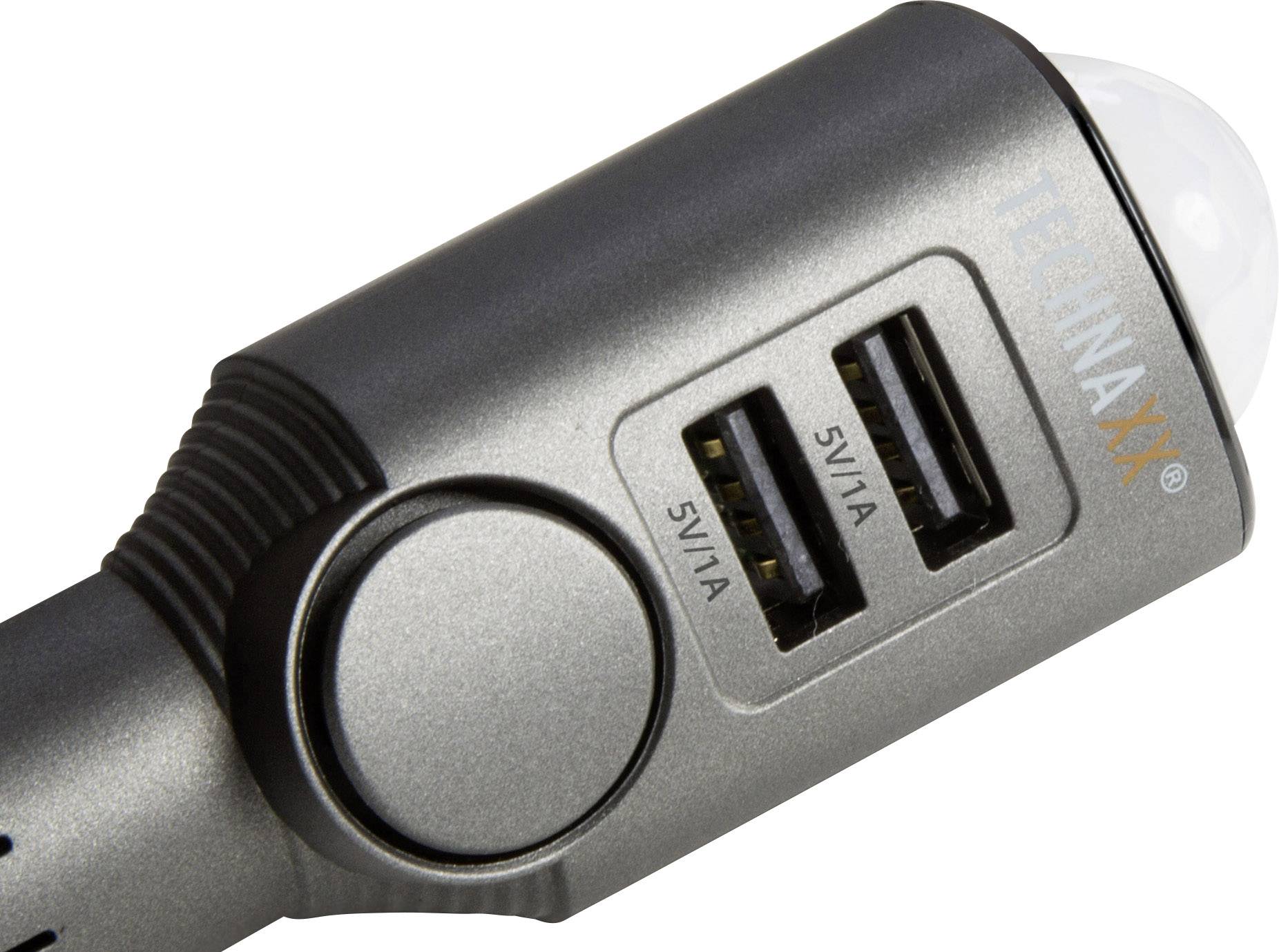 Latarka z dwoma portami USB, każdy o parametrach 5V/1A, w czarnej obudowie.