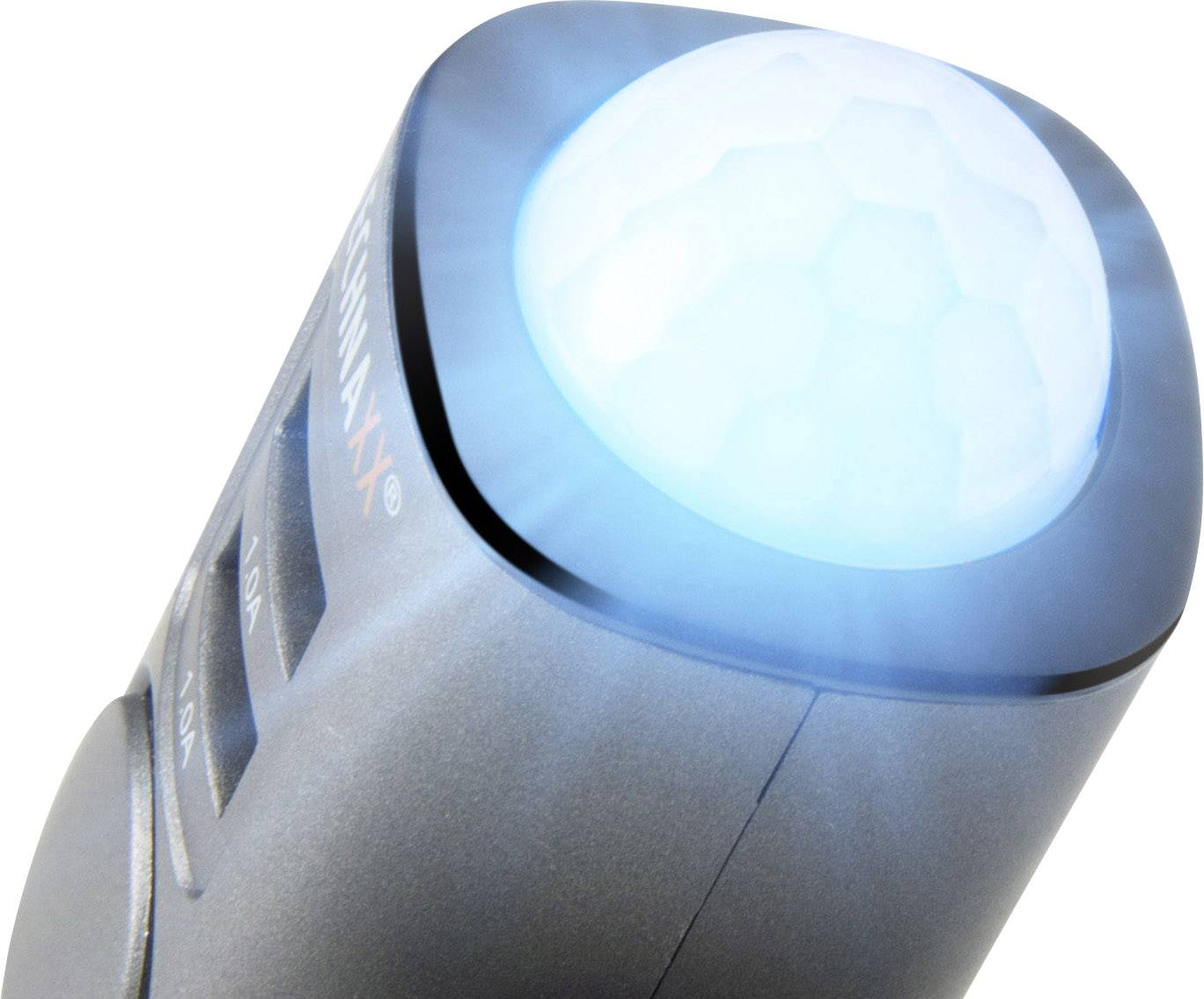 Niebieski czujnik ruchu z świecącą, heksagonalnie strukturyzowaną powierzchnią.