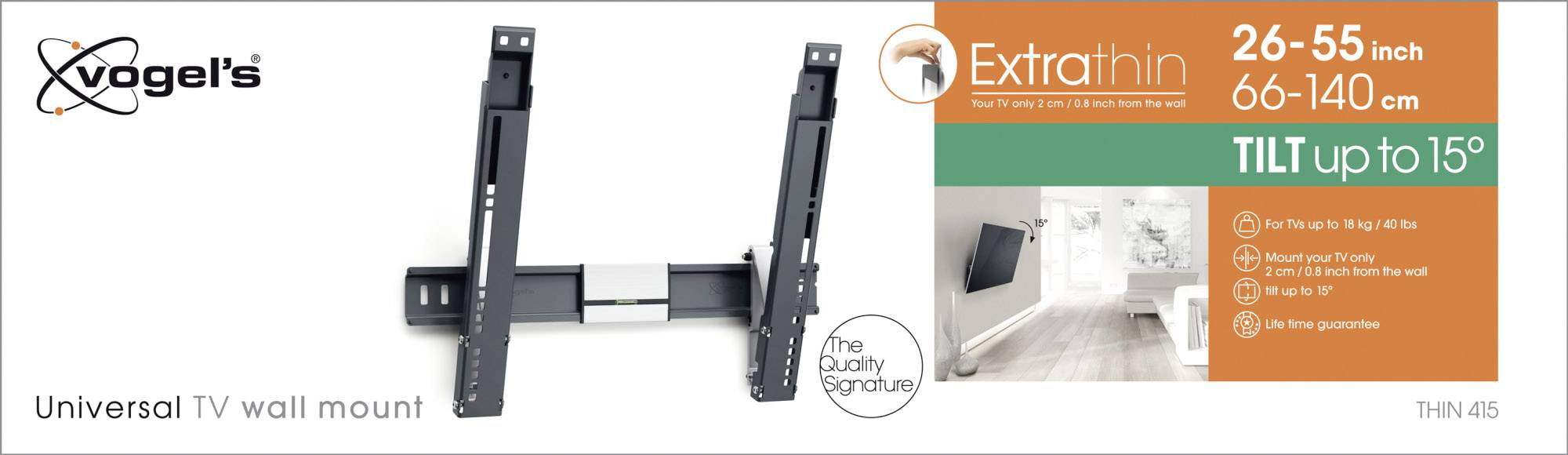 Uchwyt ścienny Vogel's do telewizorów o przekątnej 26-55 cali, regulowany do 15°, rozstaw śrub 66-140 cm, ultrasmukły, łatwy w montażu, z dożywotnią gwarancją.