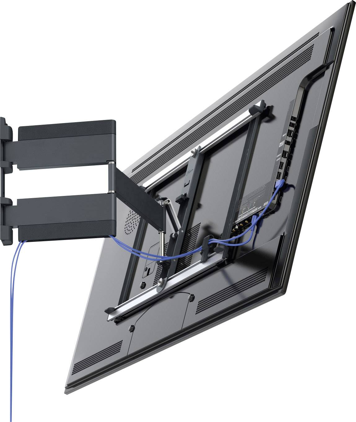 Ekran jest zamocowany na regulowanym uchwycie ściennym, z kablami podłączonymi z tyłu ekranu.