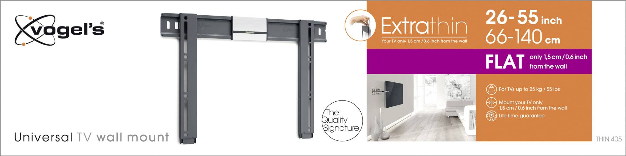 Uchwyt Vogels do telewizorów uniwersalny dla ekranów 26–55 cali (66–140 cm). Wyjątkowo płaski, zaledwie 1,5 cm od ściany, z dożywotnią gwarancją.