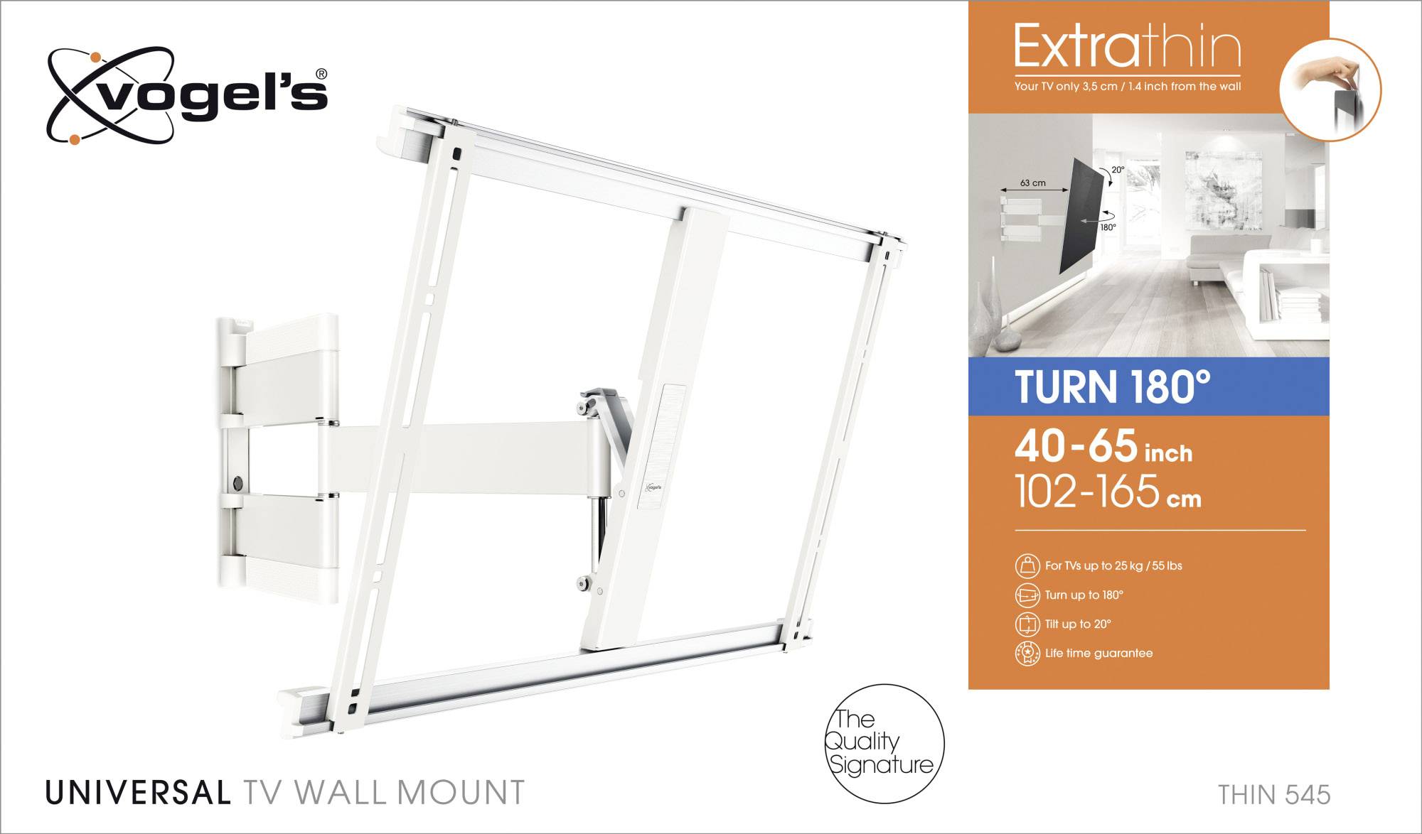 Uchwyt uniwersalny Vogel do telewizorów, obrotowy 180°, do ekranów 40-65 cali. Biały i cienki. Udźwig do 25 kg. 10 lat gwarancji.