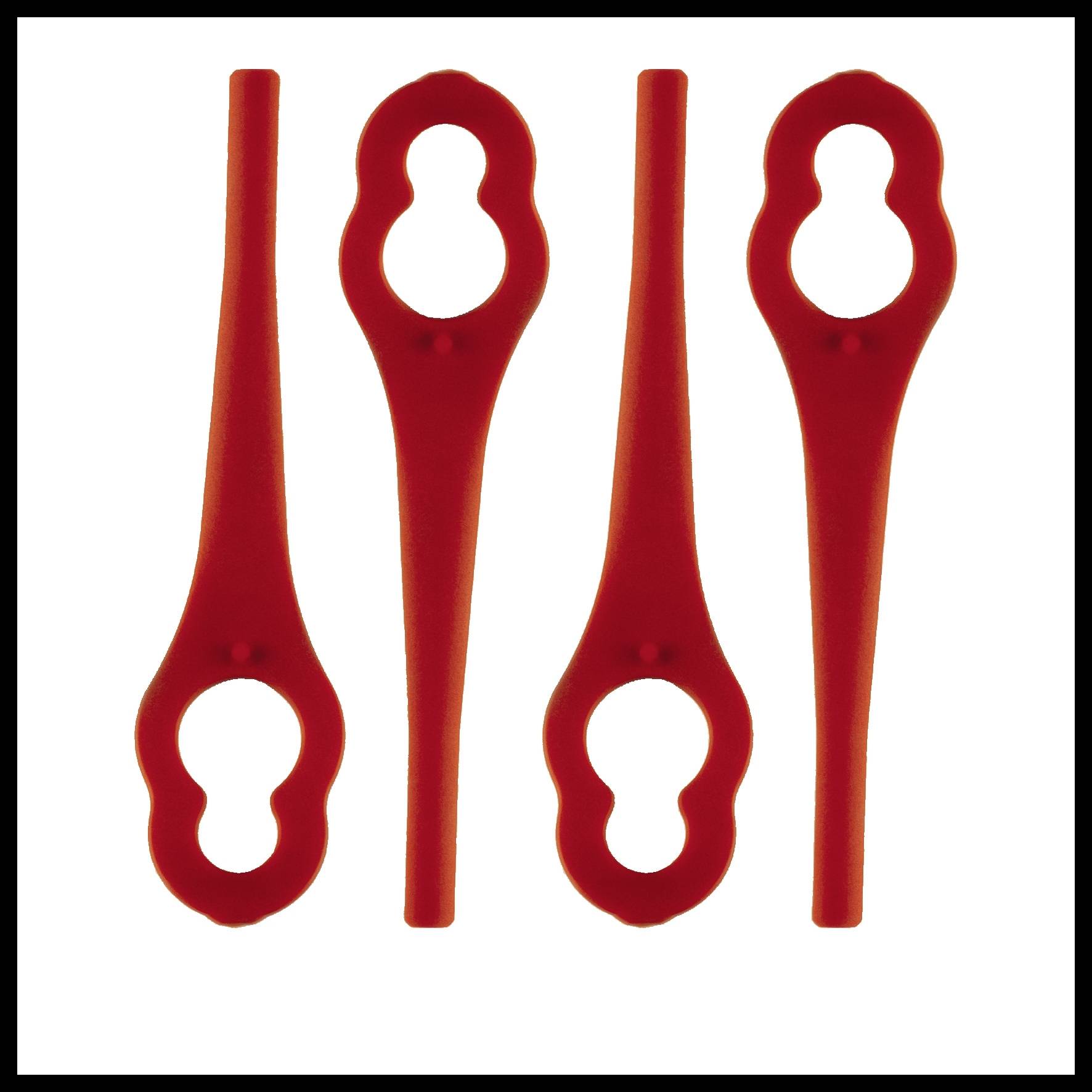 Cztery czerwone plastikowe noże zastępcze do kosiarki, ułożone pionowo obok siebie.