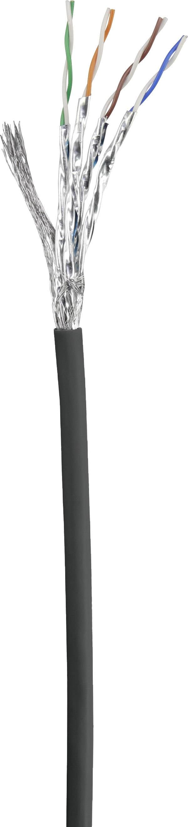 Czarny kabel w osłonie z wielokolorowymi przewodami: zielono-białymi, pomarańczowo-białymi, brązowo-białymi i niebiesko-białymi, wystającymi z kabla.