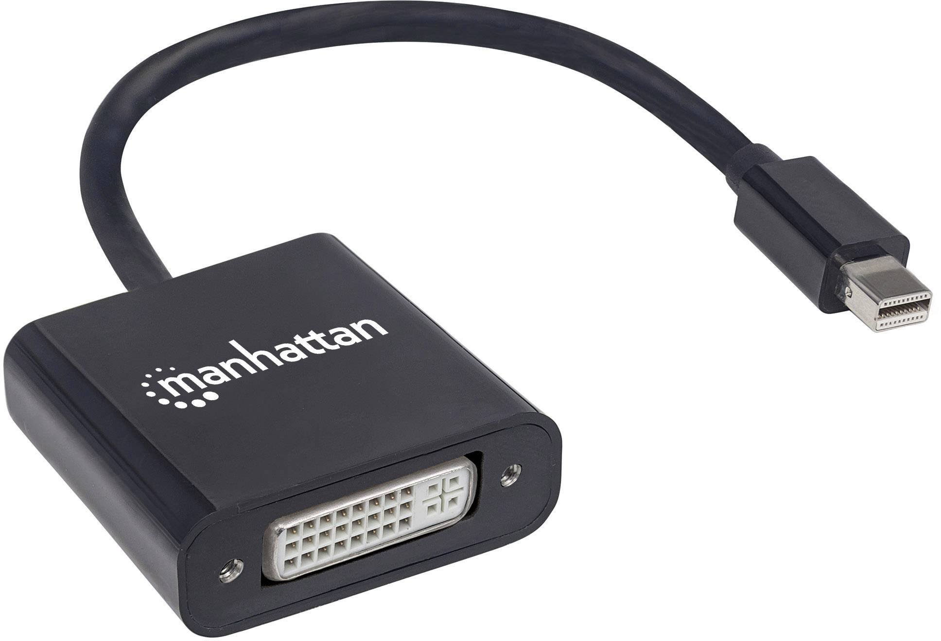 Czarny adapter z Mini DisplayPort na DVI z napisem 'manhattan' na obudowie.