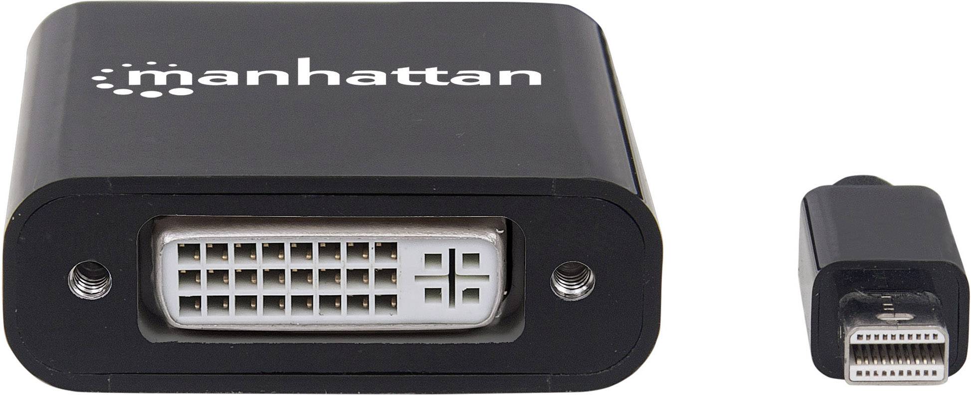 Adapter Manhattan DVI do Mini DisplayPort, obudowa w kolorze czarnym. Po lewej stronie złącze DVI, po prawej wtyk Mini DisplayPort.
