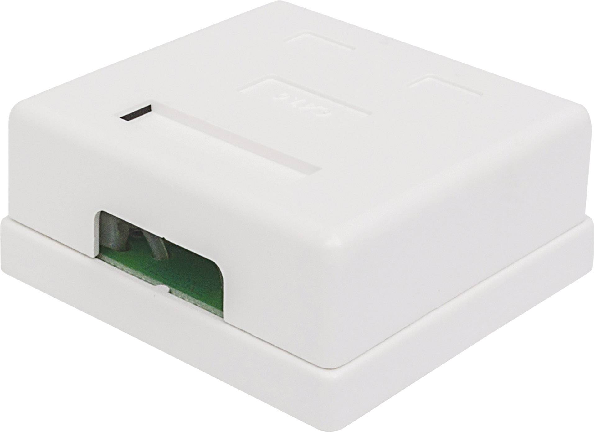 Biała naścienna wtyczka sieciowa RJ45 z dwoma portami, widoczne są wewnętrzne komponenty montażowe.